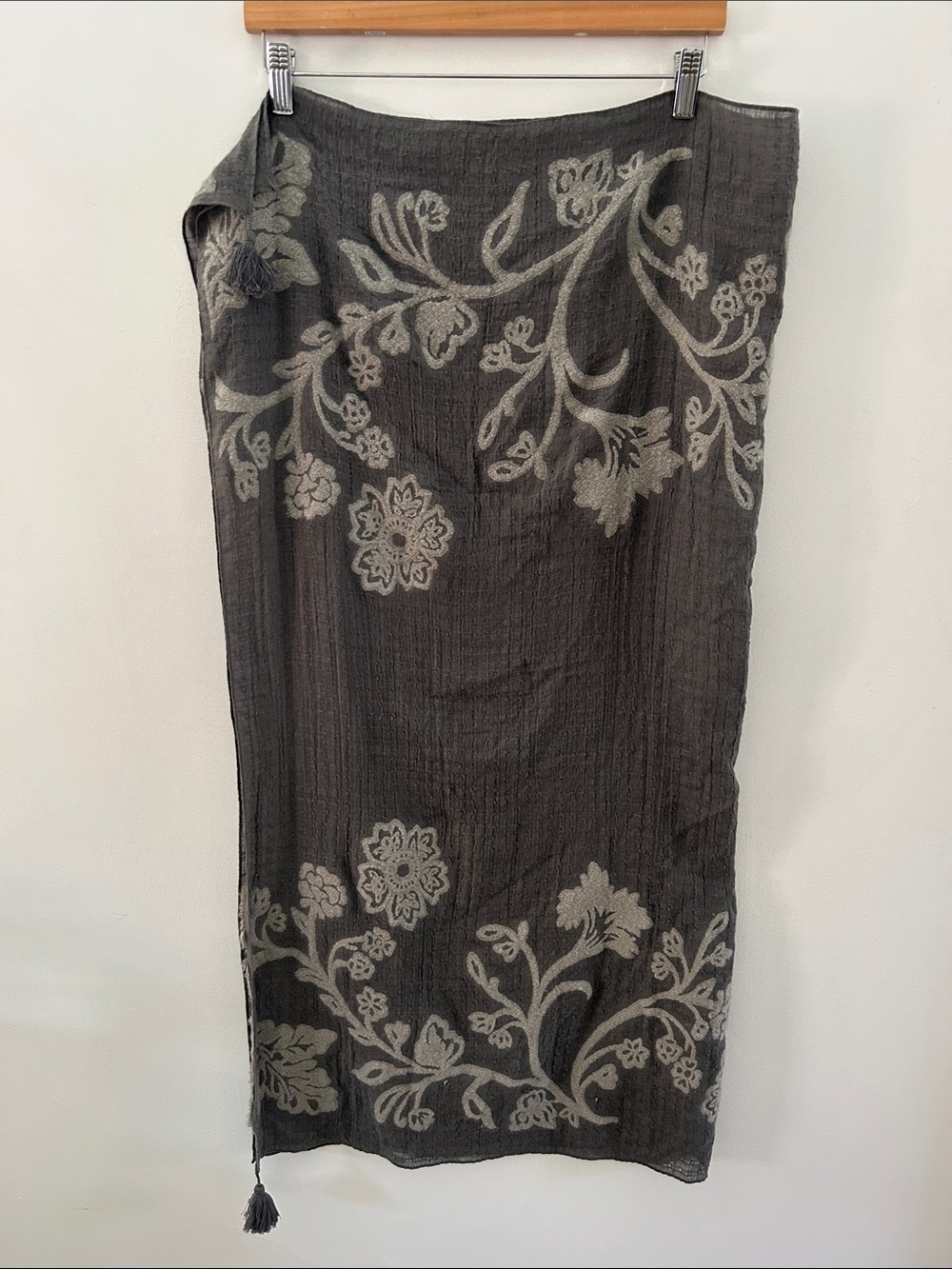 Pure Jill Gray Floral Embroidered Scarf Lightweight Drape Summer Evening Wrap